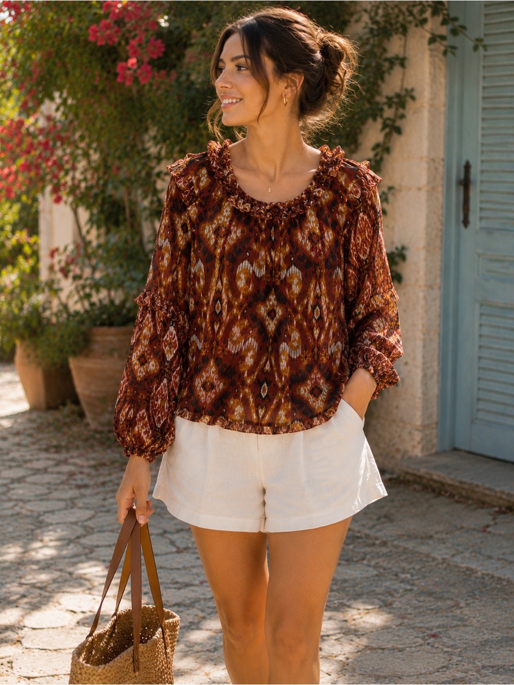 Tory Burch Rust and Brown Ikat-Print Ruffled Neck Blouse